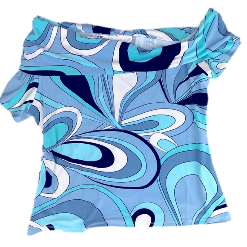 DAVID MEISTER womens large fluid knit blue retro print off the shoulder top NWT - Picture 2 of 8